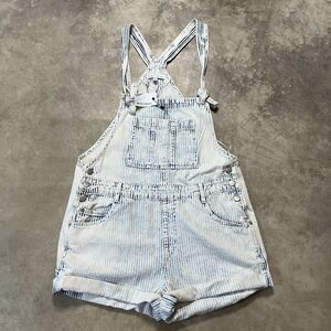 Miou Muse Romper Womens Medium Blue Striped Denim Shortalls Rolled Cuff